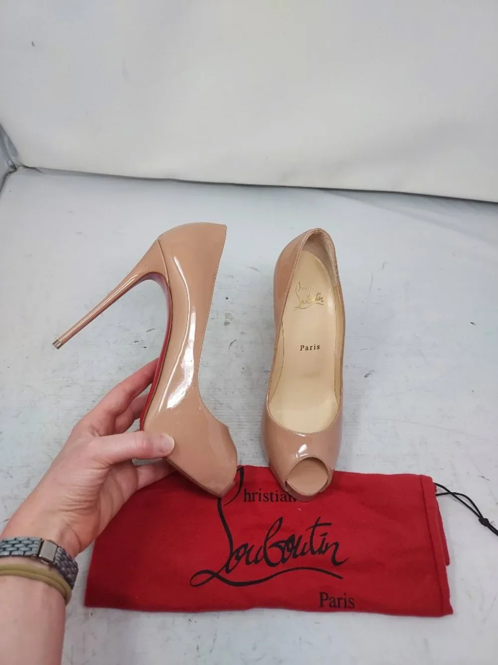 Christian Louboutin Very Prive Patent Nude Peep Toe Pump